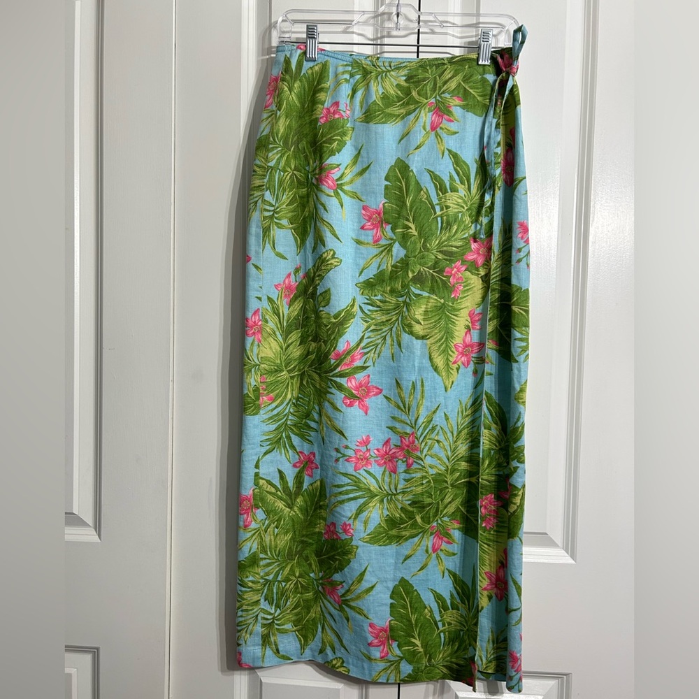 Vinatage Jones New York Floral Tropical Print Wrap Maxi Linen Skirt Size 4 - Picture 11 of 11